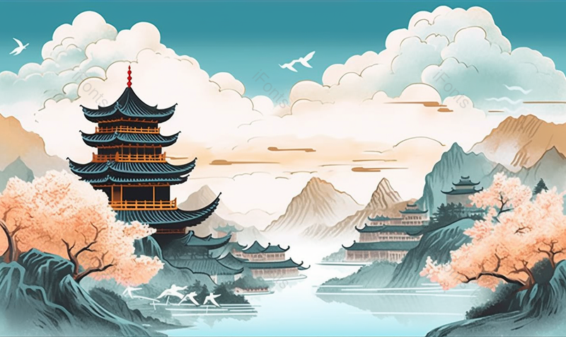 国潮风黄鹤楼建筑插画背景,插画/手绘图,插画/手绘图库,插画/手绘图下载,插画/手绘